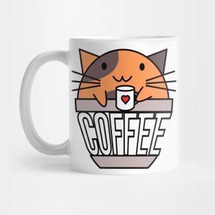 Cat in coffee cup with warped text holding coffee cup with heart orange and brown Mug